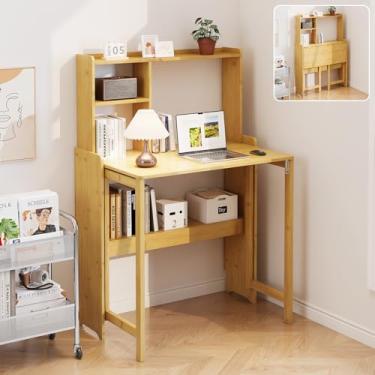 Imagem de Mesa dobrável de bambu com rack de armazenamento moderna de meados do século para escritório em casa, quarto, espaços pequenos, natural