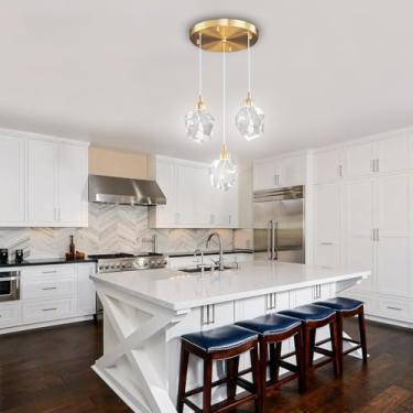 Imagem de Lustre moderno de cristal com 3 luzes, luminária pendente de LED regulável com design em forma de lágrima dourada, iluminação elegante para cozinha, ilha, sala de jantar, corredor