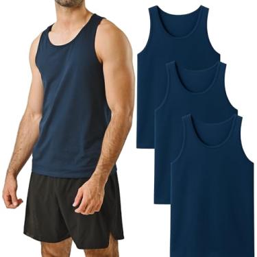 Imagem de POFF Pacote com 3 camisetas sem mangas para academia e treino, ajuste muscular 100% algodão, roupa atlética respirável (EUA, alfa, GG, regular, azul marinho)