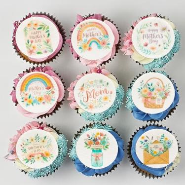 Imagem de Gyufise 54 peças comestíveis Happy Mother's Day Cupcake Toppers Wafer Paper Rainbow Flower Best Mom Ever Cake Decorações de escolha de sobremesa para mulheres suprimentos de festa de aniversário