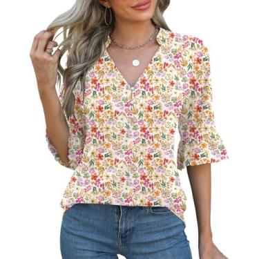 Imagem de Blusa feminina Rapbin, manga 3/4, decote em V, com botões, branca, ver