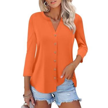 Imagem de Camiseta feminina ORANDESIGNE de manga 3/4 com decote em V com botões