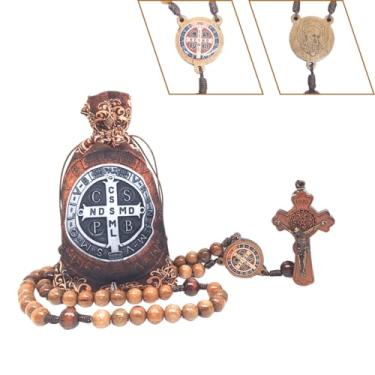 Imagem de Terço São Bento em Madeira Imbuia, Contas 10mm, Crucifixo 6.8cm, com Saquinho Estampado, Acabamento Ouro Velho