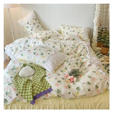 Imagem de 4 peças, capa de edredom luxuosa, lençol de cama com babados, princesa, estampado, fronha macia (amarelo grande)