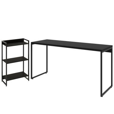 Imagem de Kit Escritório Estante Areta 3 Prateleiras com Mesa Industrial Aspen 150cm C01 Onix - Lyam Decor