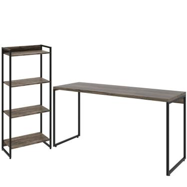 Imagem de Kit Estante Areta 4 Prateleiras com Mesa Industrial Aspen 150cm C01 Carvalho Dark - Lyam Decor