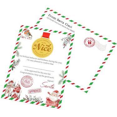 Imagem de Fancy Land Certificado de lista legal de Papai Noel de Natal com envelopes e medalhas de plástico para prêmios 6 conjuntos de presente de Natal para crianças, lembrancinha de festa em sala de aula
