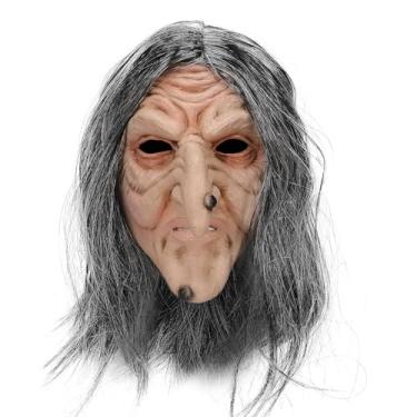 Imagem de Máscara facial de bruxa de terror, máscara assustadora de senhora de cabelo longo, nariz de feiticeiro, látex assustador, fantasia de festa de Halloween, adereços de cosplay (cinza)