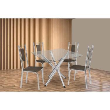 Imagem de Kit 4 Cadeiras Sala Jantar Volga C- Tampo De Vidro 90cm E 4 Cadeiras Florença Cromada - Courano Marrom - Kappesberg