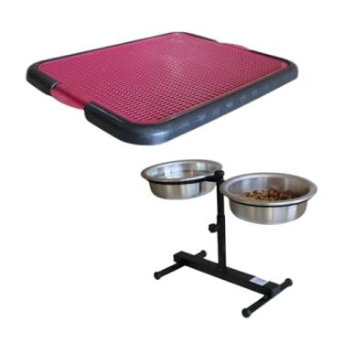 Imagem de Comedouro Duplo Elevado 450ml Para Cães Pequenos E Médios + Sanitário Higiênico Colorido Xixi Dog Tapete Absorvente (Rosa)