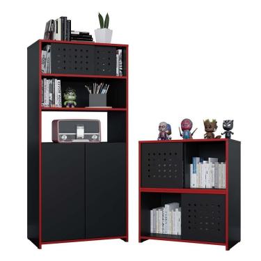 Imagem de Kit Armário Alto Baixo Gamer Escritório Pixel Preto Caemmun