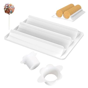 Imagem de Huigugu Cortador e empurrador de bolo com bandeja – Conjunto de moldes circulares ABS, bandeja de fenda dupla, kit de moldes de assar para festas, casamentos, fazer sobremesas em casa