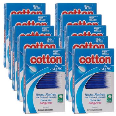 Imagem de Kit 750 Unidades Hastes Flexíveis Cotton Line 10 CAIXAS com 75 Cotonetes Com Pontas Algodão Natural Antigerme