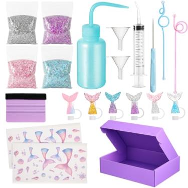 Imagem de Jerify Kit DIY Globo de Neve, Tema Sereia, Glitter Grosso, Garrafa Plástica, Funis, Seringa Curvada, Haste de Agitação, Furador, Espátula para Fazer Copos de Artesanato DIY