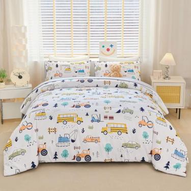Imagem de YOU SA Conjunto de cama para meninos, 5 peças, tamanho solteiro, construção, carro, cama, escavadeira, caminhão, edredom leve, branco