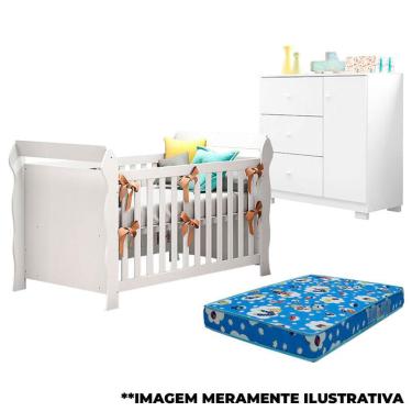 Imagem de Berço Americano Lara e Cômoda Infantil Duda Branco Brilho com Colchão – Phoenix Baby