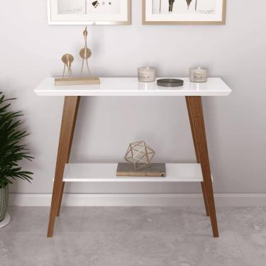 Imagem de Aparador Caio 90x30 Tampo MDF 30mm pé em Madeira Branco/Amadeirado