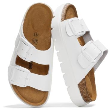 Imagem de Project Cloud Sandálias femininas de couro genuíno com plataforma – Sandálias femininas grossas com palmilha de espuma viscoelástica e palmilha de cortiça (Grécia Chunky), Branco, 40