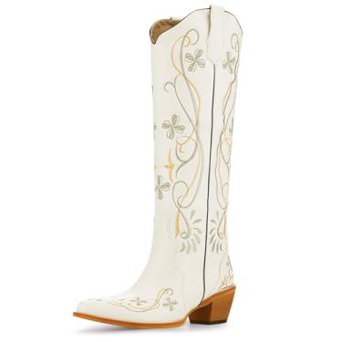 Imagem de Botas de caubói femininas, cano alto até o joelho, botas cowgirl com bordado clássico, bico fino, salto grosso, bota estilo faroeste, sem fecho, retrô, vintage, alta, Branco pradaria, 36
