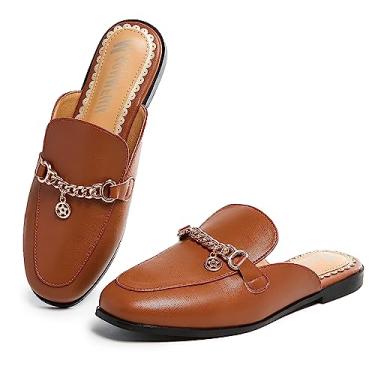 Imagem de MACNMEUU Mules pretas femininas: bico redondo, costas nuas, slides, confortável, fivela de metal, Corrente 5-marrom, 36