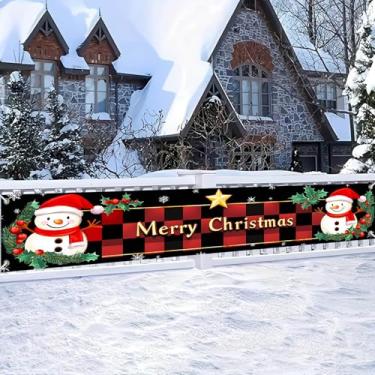 Imagem de HOMETITUTE Banner Feliz Natal boneco de neve vermelho preto design xadrez 118x20 polegadas decoração de férias de inverno com bagas de azevinho guirlanda de pinheiro para cerca ao ar livre varanda