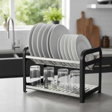 Imagem de Escorredor de Louça 16 Pratos Preto em aço Inox com Porta Talher Cozin