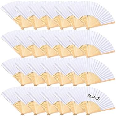 Imagem de Ventiladores dobráveis de casamento para convidados (50 peças), papel branco e bambu, ideal para casamentos, cerimônias e eventos