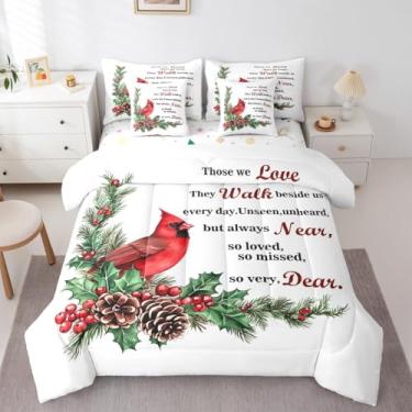Imagem de Conjunto de cama solteiro com estampa de pássaro de Natal e pinha, 7 peças, decoração rústica de animais poinsétia, para todas as estações, branco, vermelho, verde (elástico + lençol + 2 fronhas + 2