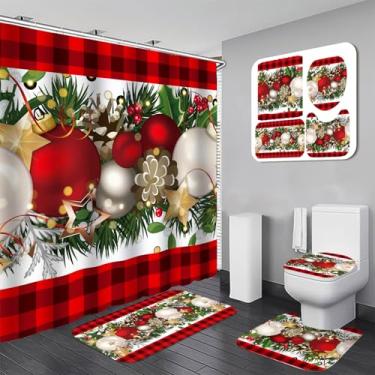 Imagem de Conjunto de 4 peças de cortina de chuveiro de bola de Natal com tapete antiderrapante, capa de vaso sanitário, tapete de banho com 12 ganchos vermelho preto xadrez búfalo xadrez decoração de chuveiro