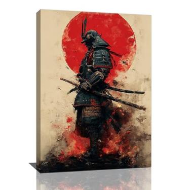 Imagem de Arte de parede samurai blindado japonês vintage Bushido impressão em tela pôster pintura arte decoração emoldurada para sala de estar quarto banheiro escritório 40,6 cm x 61 cm