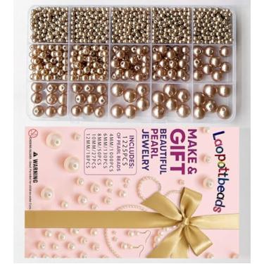 Imagem de Laopottbeads 1225 peças de contas de pérolas de 5 tamanhos marrom claro para fabricação de joias, kit DIY de pérolas redondas para pulseiras, brincos, colares e tornozeleiras