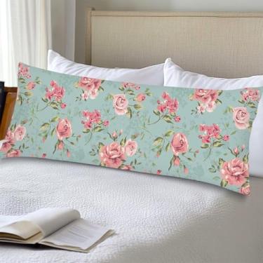 Imagem de Capa de travesseiro de corpo de flores 51 x 137 cm primavera floral rosa flor longa fronha vintage verde sálvia com fecho de envelope, capas de almofada de lombar para casa de fazenda capa de almofada
