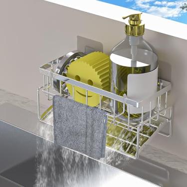 Imagem de Epritliber Suporte de esponja para pendurar adesivo, organizador de pia de cozinha, suporte de esponja de drenagem automática, dispensador de sabonete, aço inoxidável à prova de ferrugem, gancho de
