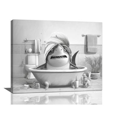 Imagem de Arte de parede engraçada de tubarão para banheiro preto e branco pintura em tela emoldurada para banheiro humor arte banheiro banheiro decoração presentes para mulheres meninas 40,6 cm x 50,8 cm