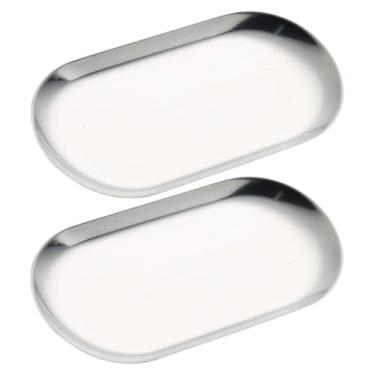 Imagem de SUTOKAKA Pacote com 2 bandejas decorativas prateadas de aço inoxidável, pequeno prato oval de vela de perfume, prato de sobremesa de macarons de jantar para decoração de entrada de casa, banheiro e