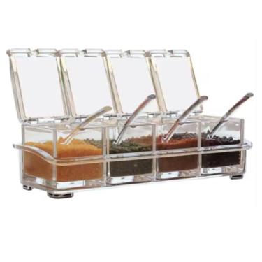 Imagem de Porta Temperos Acrílico Cristal Transparente com 4 Potes e Colheres Organizador de Condimentos Cozinha Moderna Prática e Elegante 220ml