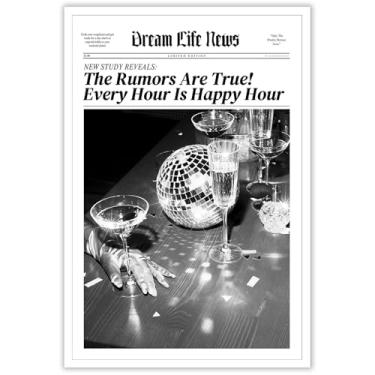 Imagem de Vintage Funky Bar Cart Art Decor Prints Black and White Party Champagne Glasses Canvas Art Wall Art Trendy Disco Ball Poster Para Sala de Estar Sala de Jantar Pub Decoração 30 x 40 cm Sem Moldura