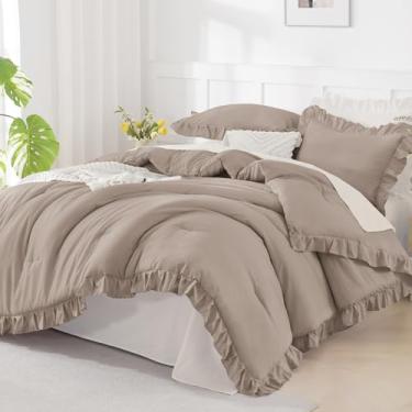 Imagem de Andency Conjunto de cama King com babados marrom claro (264 x 230 cm), 3 peças (1 edredom com babados e 2 fronhas) cama de fazenda lisa, chique, vintage rústico de microfibra macia