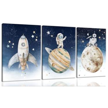 Imagem de 3 peças de arte de parede em tela de berçário espacial impressões de astronautas em aquarela espaço astronautas arte para meninos meninas quarto de crianças foguetes decoração de parede explorar sonho