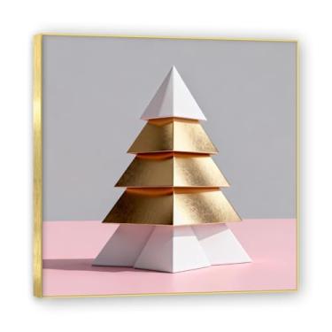 Imagem de Moldura dourada. Arte moderna de presente de Natal, arte geométrica de árvore rosa empoeirada e dourada, tela emoldurada pronta para pendurar para uma casa de férias elegante. A24. 60 x 60 cm - 23,6 x