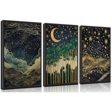 Imagem de 3 peças de arte de parede celestial lua céu estrelado pôsteres impressões nuvens e estrelas pintura imagens vintage floresta paisagem natureza decoração de parede para quarto, sala de estar sem