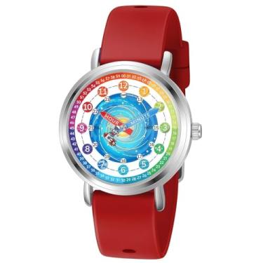 Imagem de Afcrho Relógio infantil – Relógios analógicos para crianças de 7 a 10 anos, 8 a 12 anos, ferramenta de ensino de tempo de aprendizagem de astronautas, 16. Astronauta arco-íris, pulseira vermelha