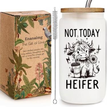 Imagem de Enanaimg Caneca de café engraçada com estampa de vaca Highland 473 ml, presente para mulheres que amam vacas, Not Today, copos de vidro com tampas e canudos, presente perfeito para nova mãe, sogra