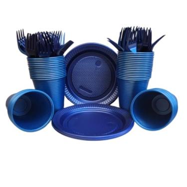 Imagem de Kit Descartável Econômico 150 Itens - Conjunto para Festas com Pratos, Copos e Garfos para Aniversário e Eventos(Azul Petróleo 150 itens)