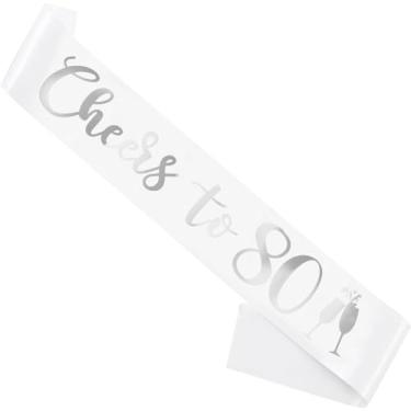 Imagem de Faixa de aniversário branca, faixa de aniversário "Cheers To 203.2 cm para meninas, mulheres e homens com letras prateadas para lembrancinhas de festa engraçadas, suprimentos 80 branco prata