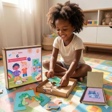 Imagem de Brinquedo Pedagógico Em Madeira Estojo Kit 6 Quebra Cabeças Infantil Com 4 Peças Cada (Estojo Animais Fofos)