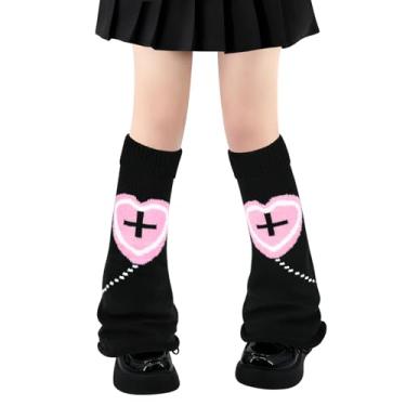 Imagem de Polainas para mulheres, meninas, estilo japonês, lolita, meias longas de malha kawaii, meias góticas Harajuku, cobertura de perna, Coração rosa preto rodado com cruz, Tamanho Único