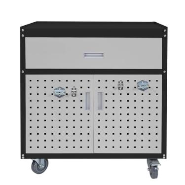 Imagem de Armário de armazenamento de metal com rodas 76.2 cm x 45.7 cm x 86.4 cm Armário de garagem de metal móvel com 1 gaveta e 2 portas pequeno armário de armazenamento de ferramentas rolantes com 1