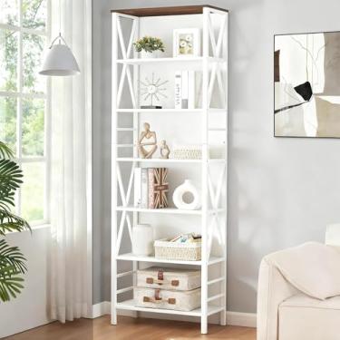 Imagem de HOMISSUE Estante de livros de 7 andares, estantes e estantes de metal de madeira rústica, estante aberta independente, estante alta industrial para escritório em casa, sala de estar e quarto, branca