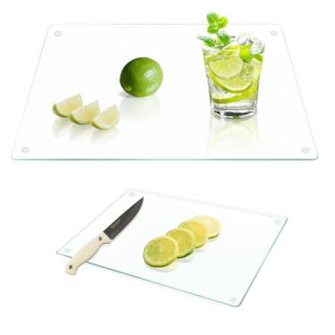 Imagem de Yuzeyurun Tábuas de corte de vidro temperado para cozinha, conjunto de tábuas de corte de vidro transparente (40.6 cm x 30.5 cm e 20.3 cm x 30.5 cm), tábuas de cortar com pé antiderrapante, resistente